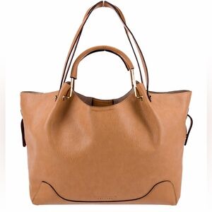 Sondra Roberts Tan Pebbled Leather Tote Satchel Bag Structured gold accents